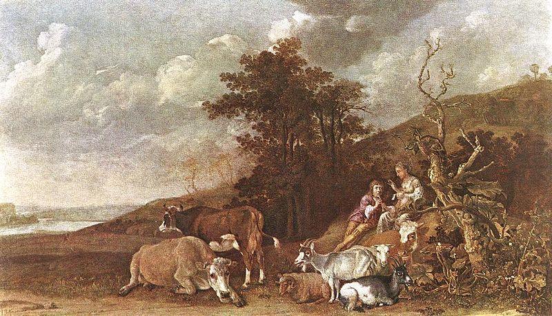 Landscape with Shepherdess and Shepherd Playing Flute, paulus potter